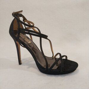Badgley Mischka Black Strappy Sandals 7.5 Metallic Designer EVENING Sparkly
